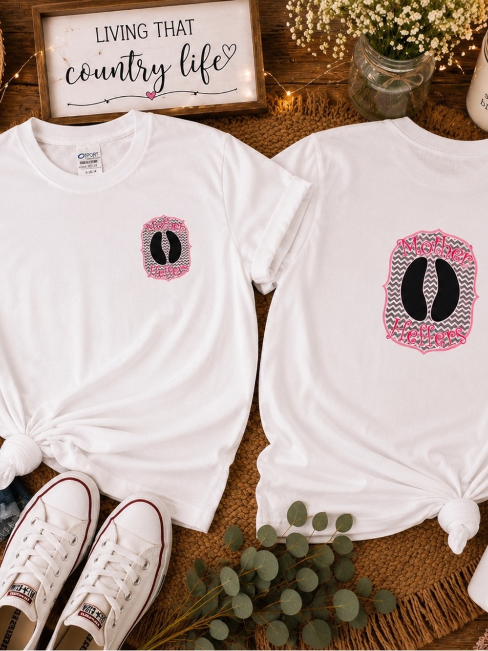 White Short Sleeve Tee with Pink Monogram Graphic